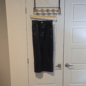 Black Faux Leather Midi Skirt With Button And Zipper Up F